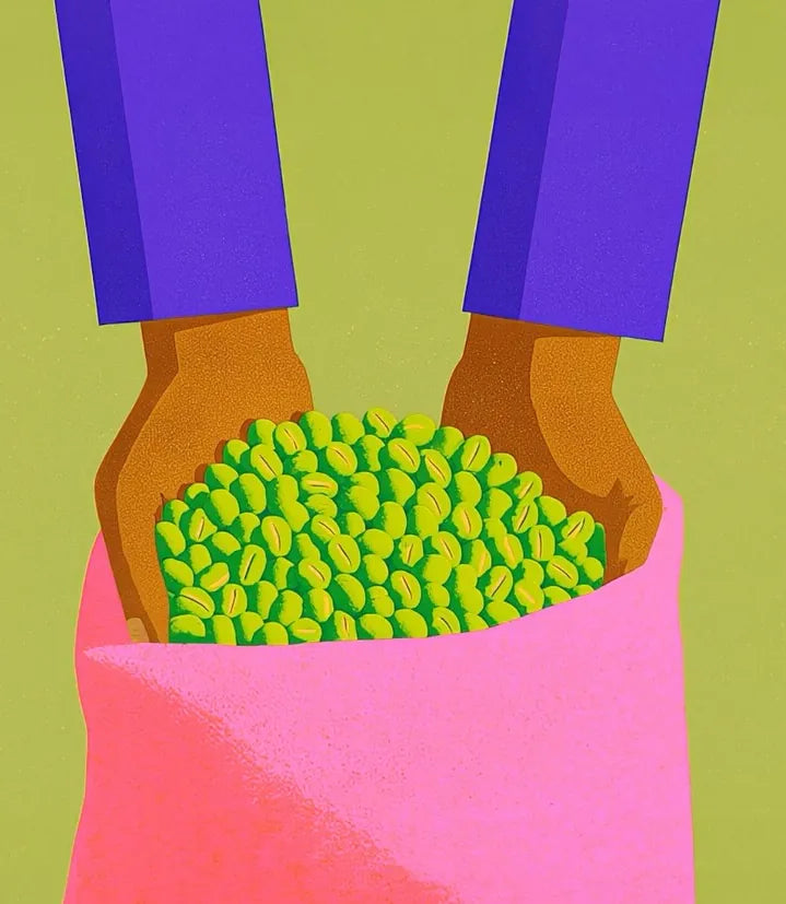 Illustration of hands scooping green coffee beans from a sack
