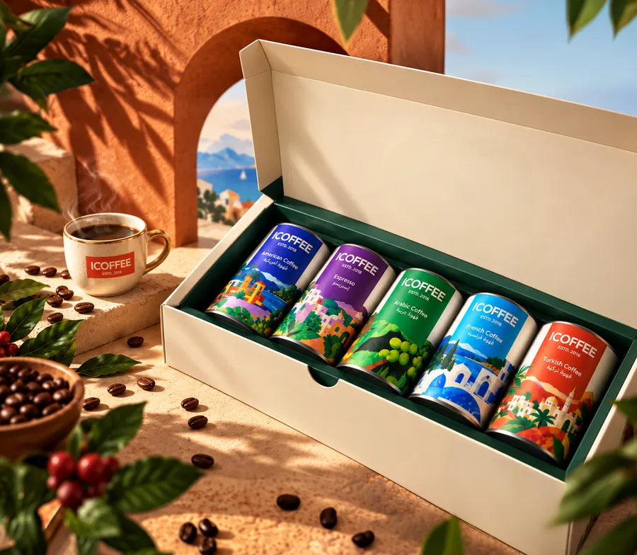 The ICOFFEE Coffee Explorer Box holding five coffee cans