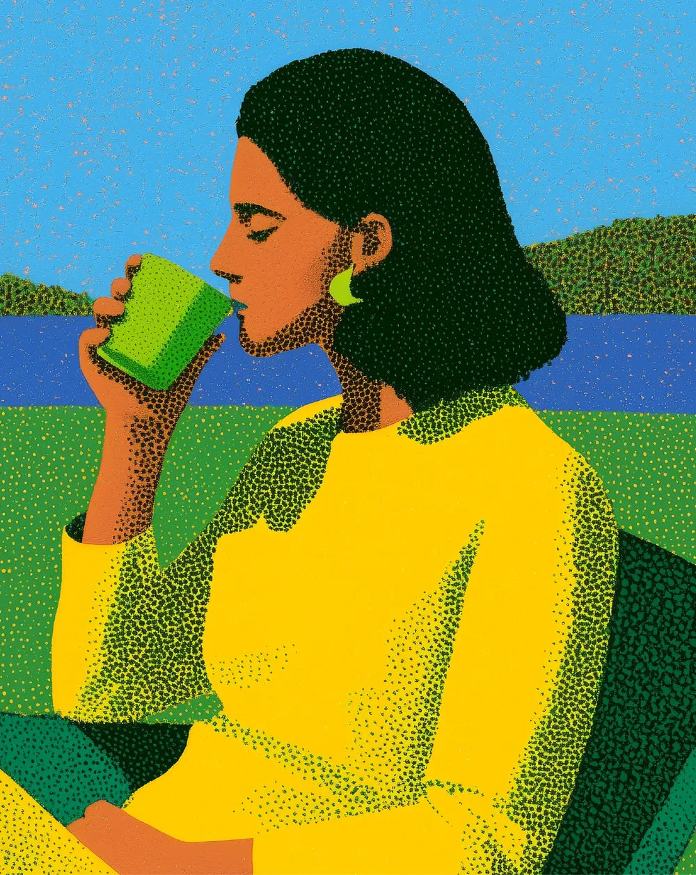Illustration of a woman sipping coffee by a lake