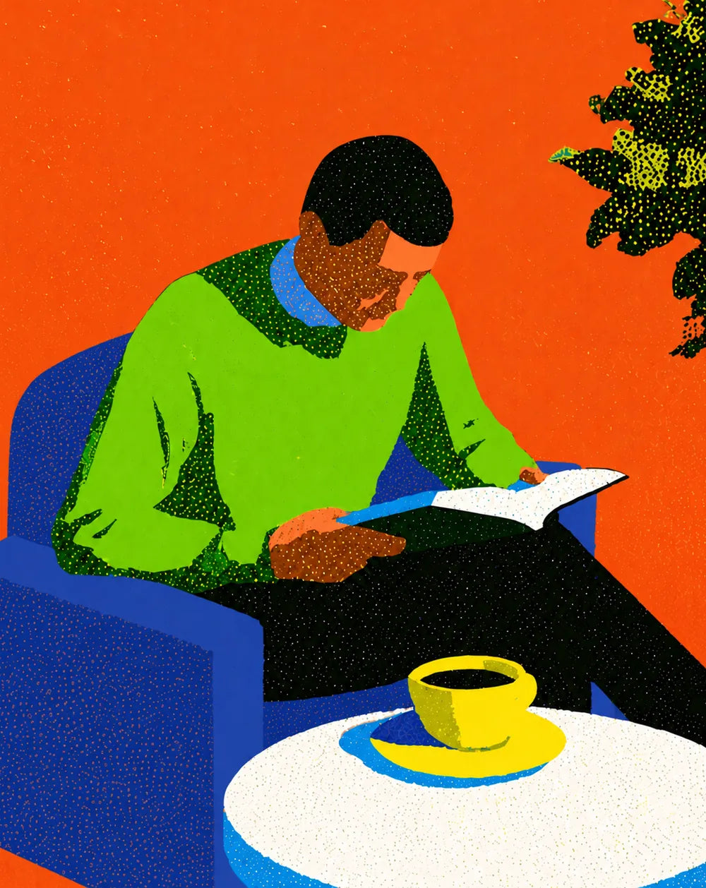Illustration of a man reading a book beside a cup of coffee