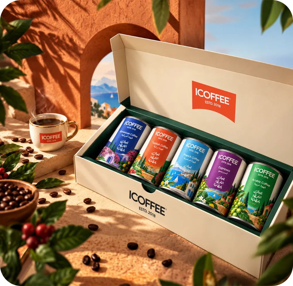 The ICOFFEE Explorer Box holding five coffee cans