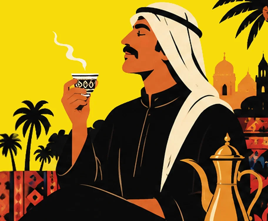 Illustration of a man in a keffiyeh enjoying Arabic coffee beside a dallah