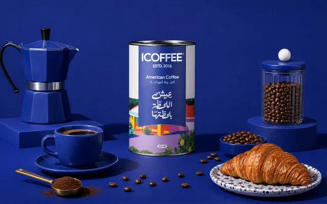 ICOFFEE American coffee with a moka pot and a croissant