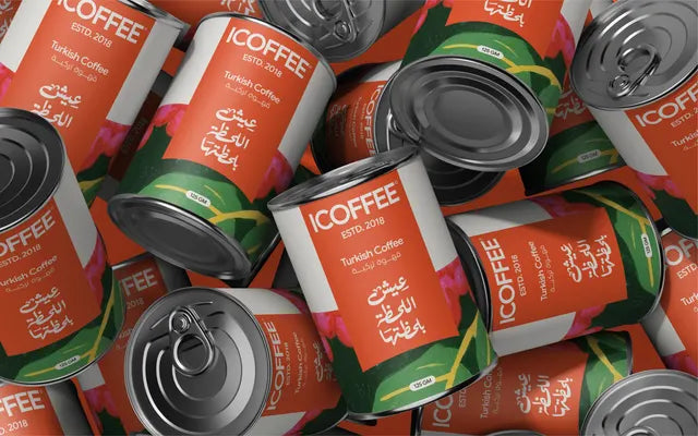 A pile of ICOFFEE Turkish coffee cans