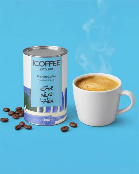 ICOFFEE French coffee can beside a cup of coffee